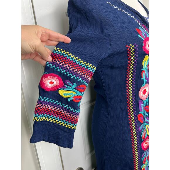 BOHO BLOSSOM MAXI CREPE Linen Blend Gauzy DRESS NAVY Floral EMBROIDERY Medium - Picture 6 of 13